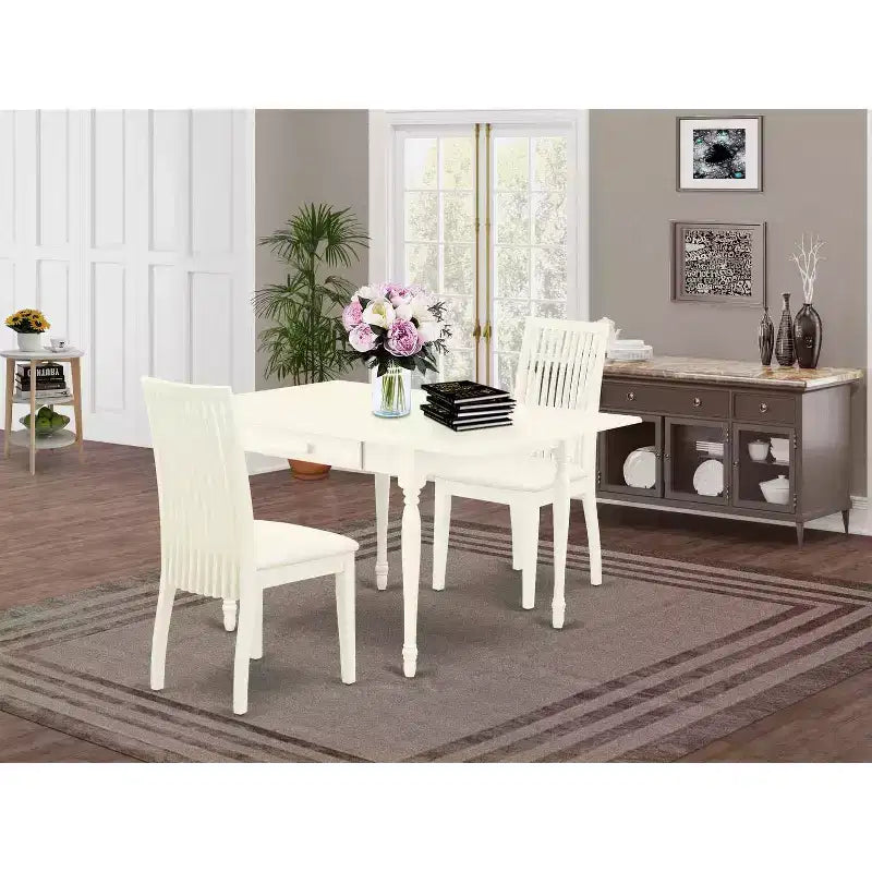Ensemble Table et Chaises de Salle à Manger Pliantes Trois Pièces avec Plateau en Bois Massif Blanc Lin