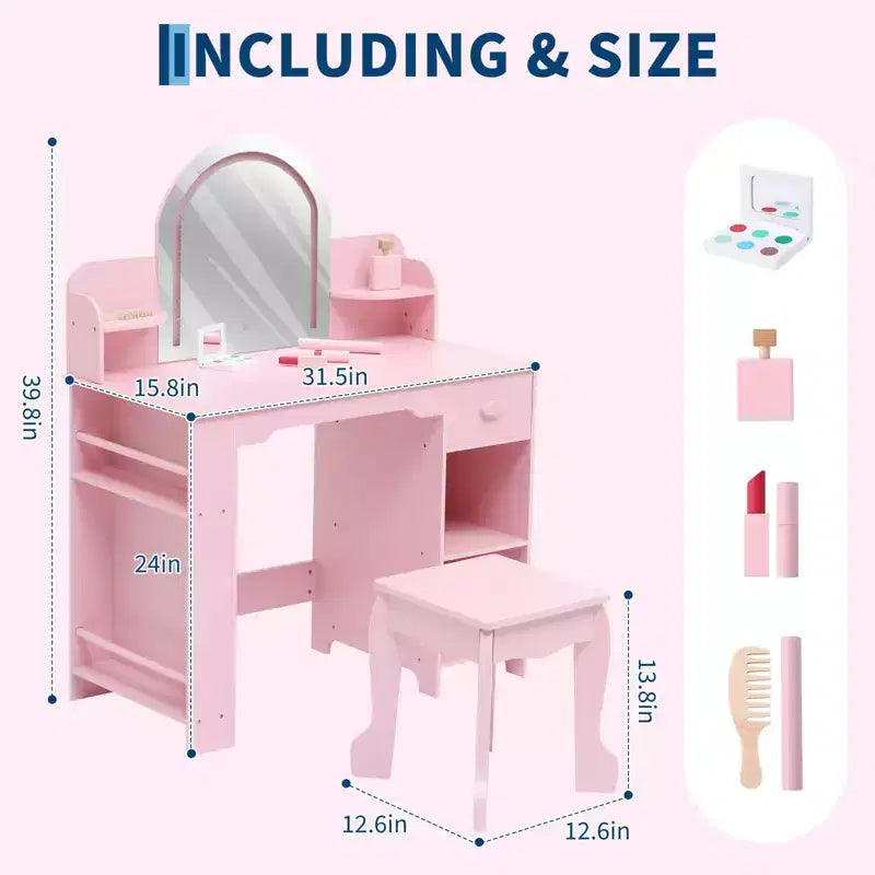 Coiffeuse pour enfants avec miroir, table de maquillage avec tabouret, étagère, tiroir et étagères, coiffeuse en bois pour chambre de fille, salle de jeux