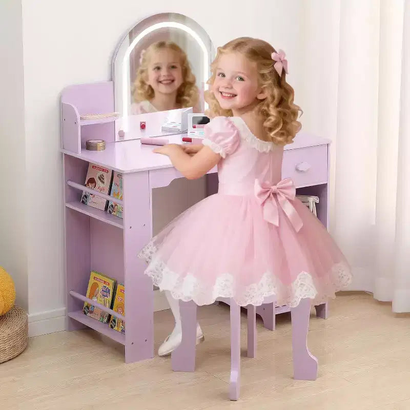 Coiffeuse pour enfants avec miroir, table de maquillage avec tabouret, étagère, tiroir et étagères, coiffeuse en bois pour chambre de fille, salle de jeux