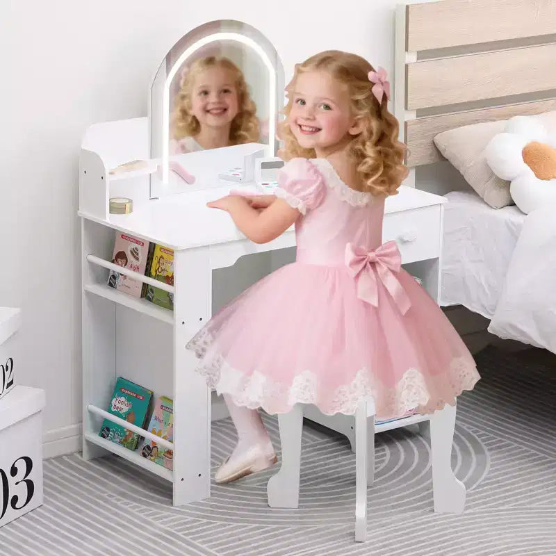 Coiffeuse pour enfants avec miroir, table de maquillage avec tabouret, étagère, tiroir et étagères, coiffeuse en bois pour chambre de fille, salle de jeux