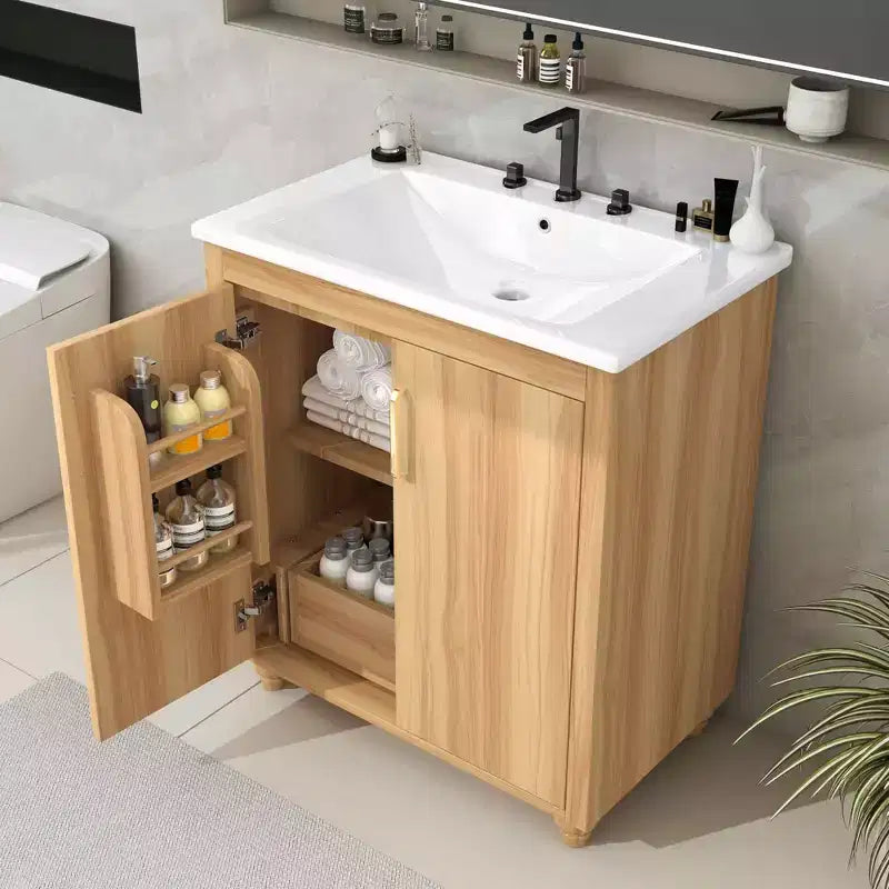 Meuble lavabo de salle de bain 30 po avec vasque, portes d'armoire multifonctionnelles, tiroir MDF Naturel