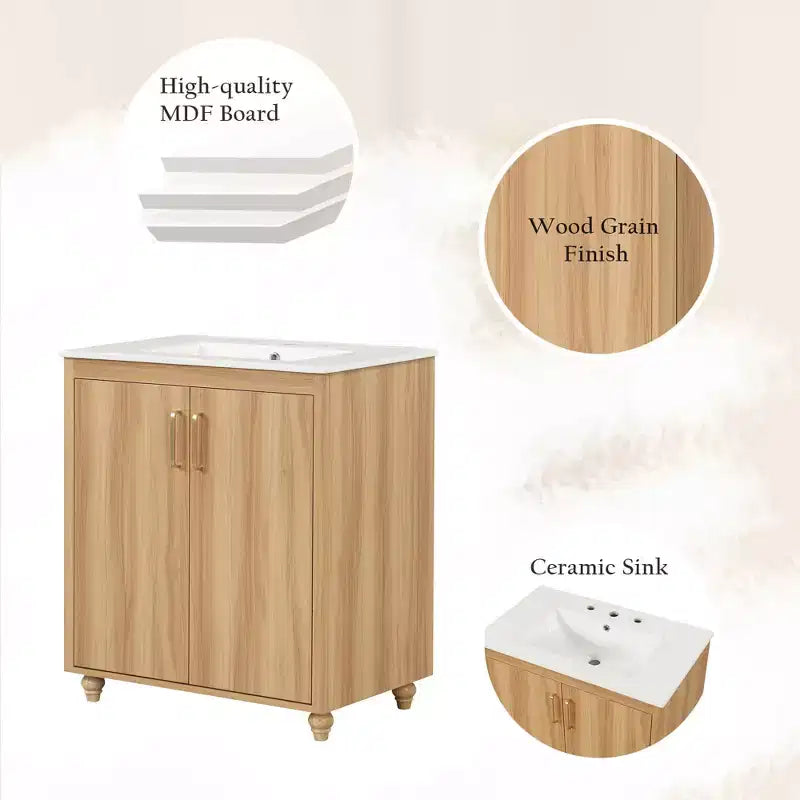 Meuble lavabo de salle de bain 30 po avec vasque, portes d'armoire multifonctionnelles, tiroir MDF Naturel