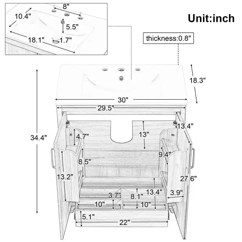 Meuble lavabo de salle de bain 30 po avec vasque, portes d'armoire multifonctionnelles, tiroir MDF Naturel