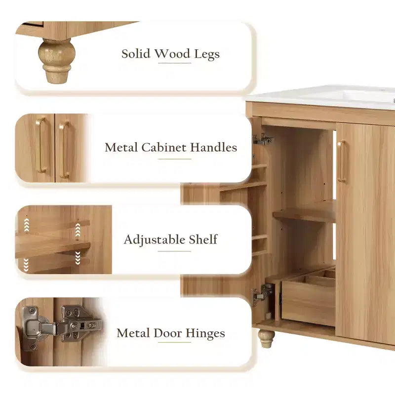Meuble lavabo de salle de bain 30 po avec vasque, portes d'armoire multifonctionnelles, tiroir MDF Naturel