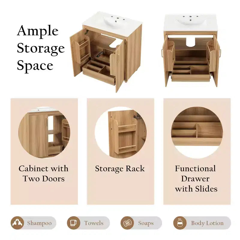 Meuble lavabo de salle de bain 30 po avec vasque, portes d'armoire multifonctionnelles, tiroir MDF Naturel