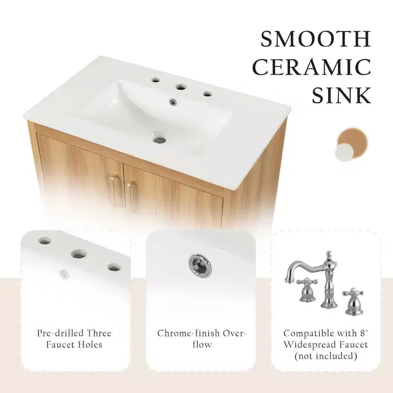 Meuble lavabo de salle de bain 30 po avec vasque, portes d'armoire multifonctionnelles, tiroir MDF Naturel