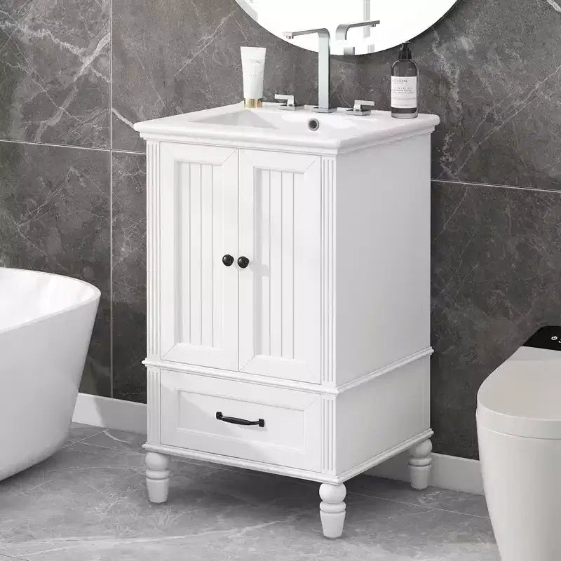 Meuble-lavabo de salle de bain 20 po avec évier 2 portes, butoir magnétique, pieds réglables, tiroir blanc