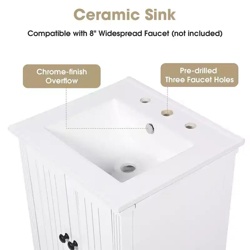 Meuble-lavabo de salle de bain 20 po avec évier 2 portes, butoir magnétique, pieds réglables, tiroir blanc