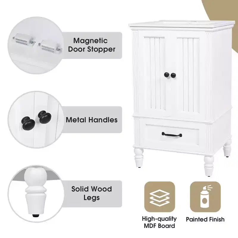 Meuble-lavabo de salle de bain 20 po avec évier 2 portes, butoir magnétique, pieds réglables, tiroir blanc