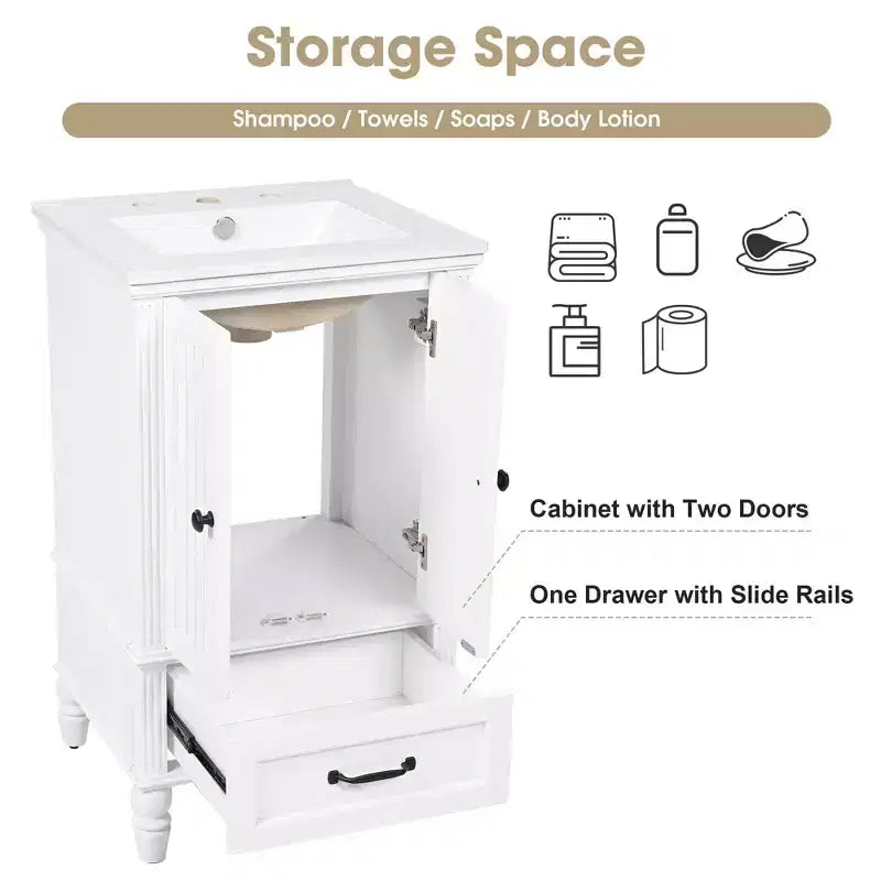 Meuble-lavabo de salle de bain 20 po avec évier 2 portes, butoir magnétique, pieds réglables, tiroir blanc