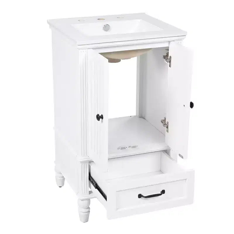 Meuble-lavabo de salle de bain 20 po avec évier 2 portes, butoir magnétique, pieds réglables, tiroir blanc