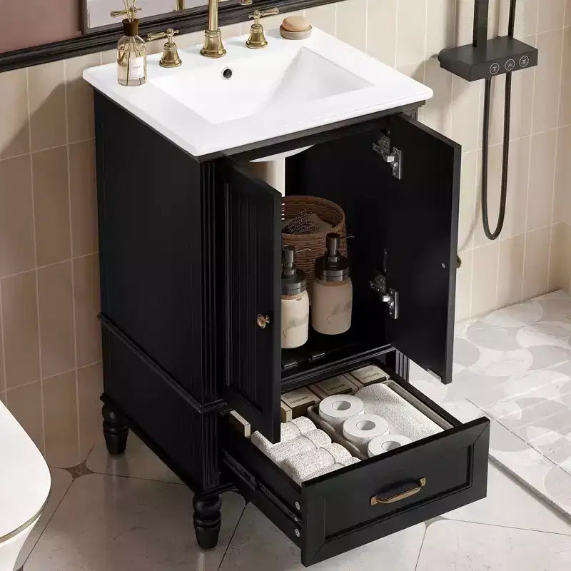 Meuble-lavabo de salle de bain 20 po avec évier 2 portes, butoir magnétique, pieds réglables, tiroir blanc