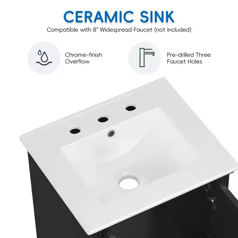 Meuble-lavabo de salle de bain 20 po avec évier 2 portes, butoir magnétique, pieds réglables, tiroir blanc