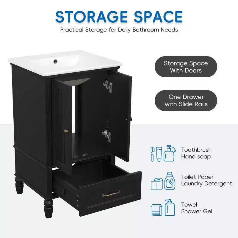 Meuble-lavabo de salle de bain 20 po avec évier 2 portes, butoir magnétique, pieds réglables, tiroir blanc