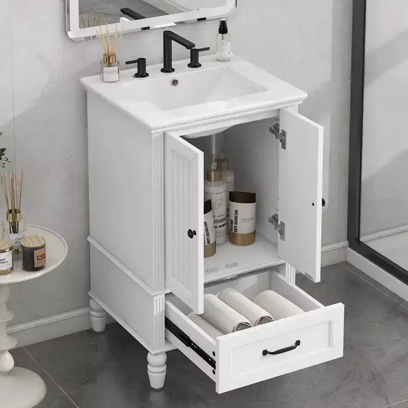 Meuble-lavabo de salle de bain 20 po avec évier 2 portes, butoir magnétique, pieds réglables, tiroir blanc