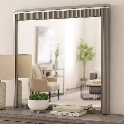 Royal Hampton Dresser Mirror, 38 Inch Light Gray Wood, Reeded Design, Silver Accents