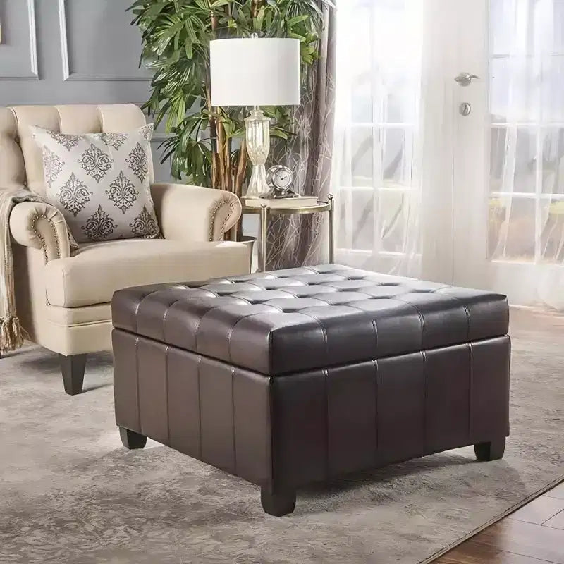 Banc de rangement carré de 31 po, banc de bout de lit de style ottoman avec couvercle touffeté, ottoman pour salon, entrée