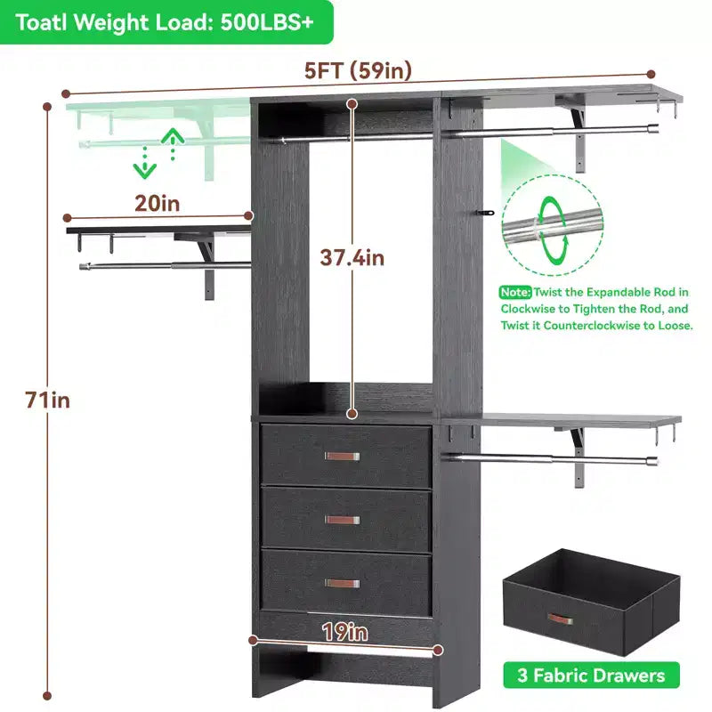 Système d'organisation de placard de 1,5 m avec tiroirs en tissu, armoire de placard avec tringles de suspension