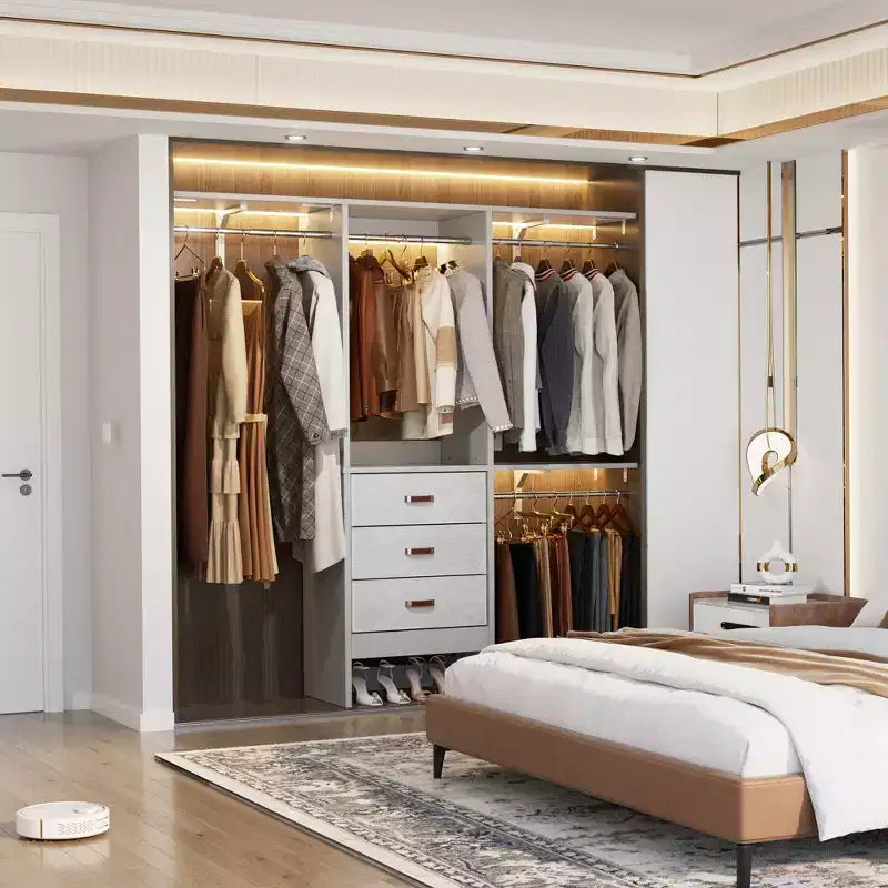 Système d'organisation de placard de 1,5 m avec tiroirs en tissu, armoire de placard avec tringles de suspension