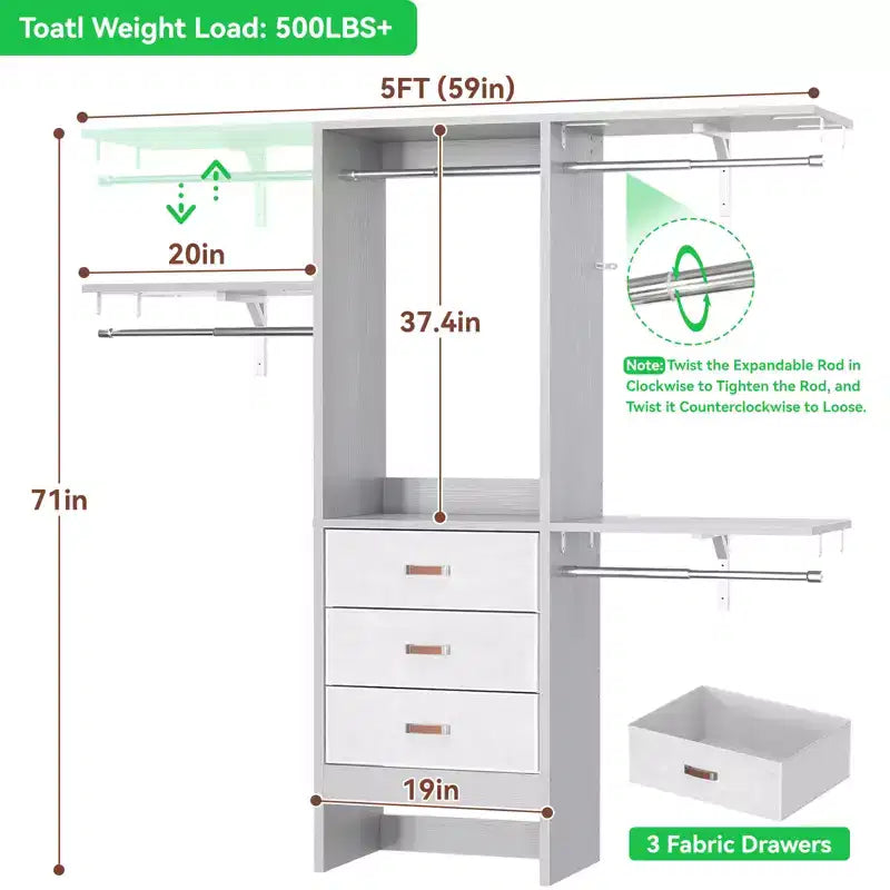 Système d'organisation de placard de 1,5 m avec tiroirs en tissu, armoire de placard avec tringles de suspension