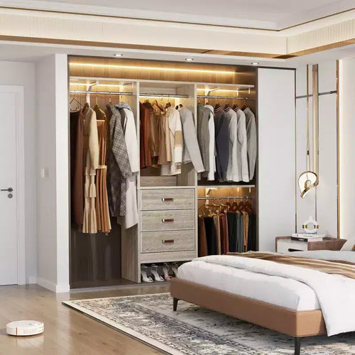 Système d'organisation de placard de 1,5 m avec tiroirs en tissu, armoire de placard avec tringles de suspension