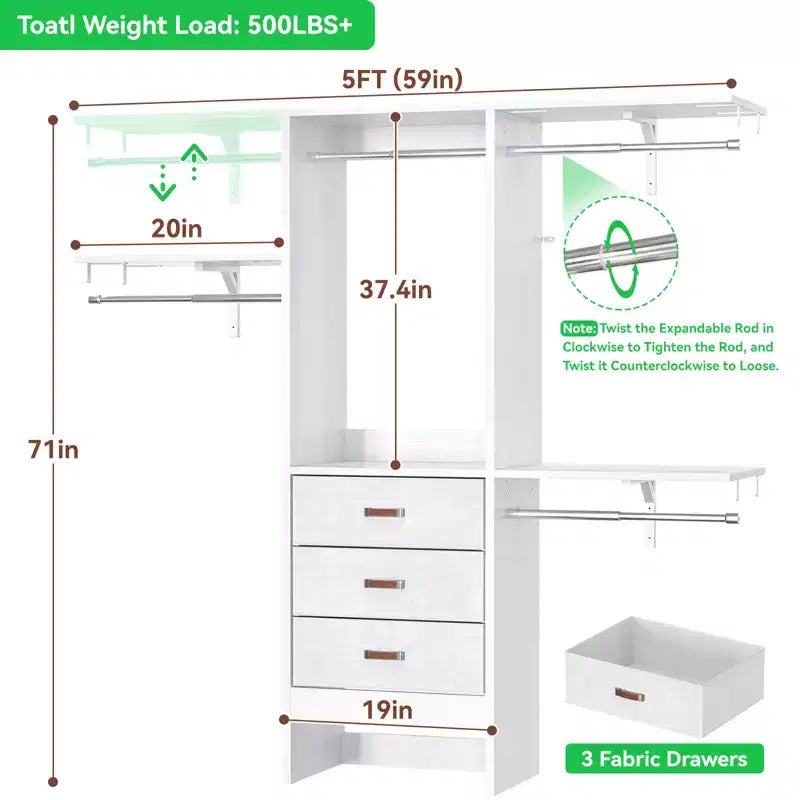 Système d'organisation de placard de 1,5 m avec tiroirs en tissu, armoire de placard avec tringles de suspension
