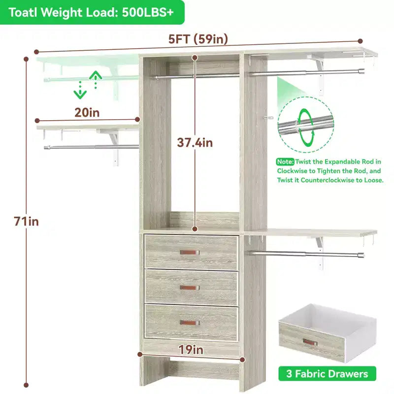 Système d'organisation de placard de 1,5 m avec tiroirs en tissu, armoire de placard avec tringles de suspension