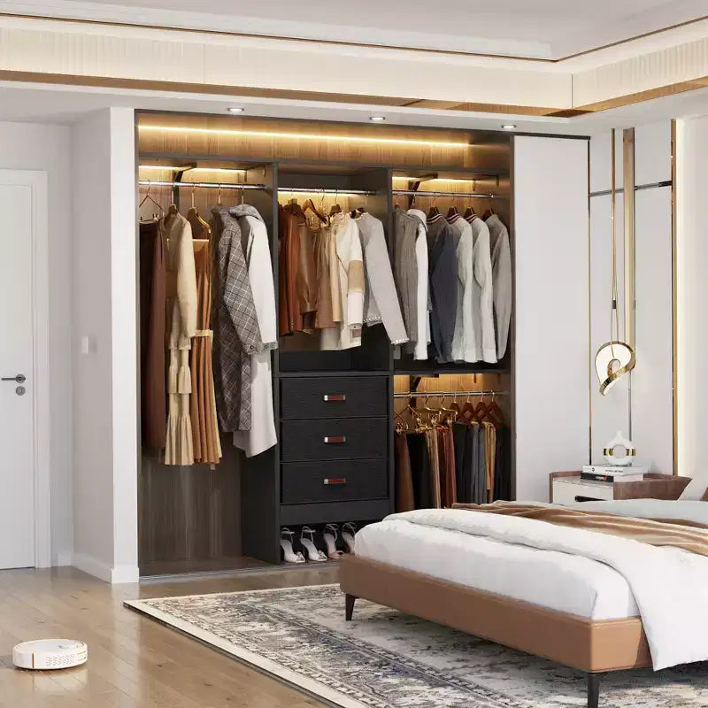 Système d'organisation de placard de 1,5 m avec tiroirs en tissu, armoire de placard avec tringles de suspension