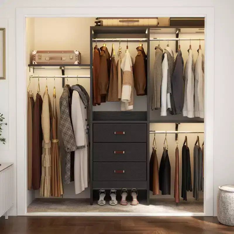 Système d'organisation de placard de 1,5 m avec tiroirs en tissu, armoire de placard avec tringles de suspension