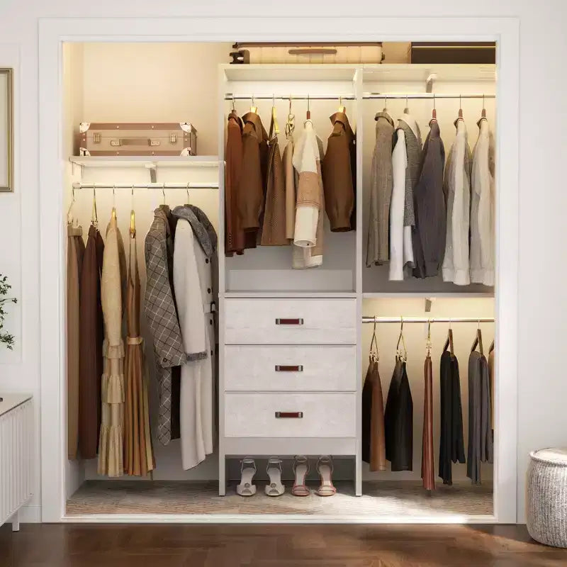 Système d'organisation de placard de 1,5 m avec tiroirs en tissu, armoire de placard avec tringles de suspension