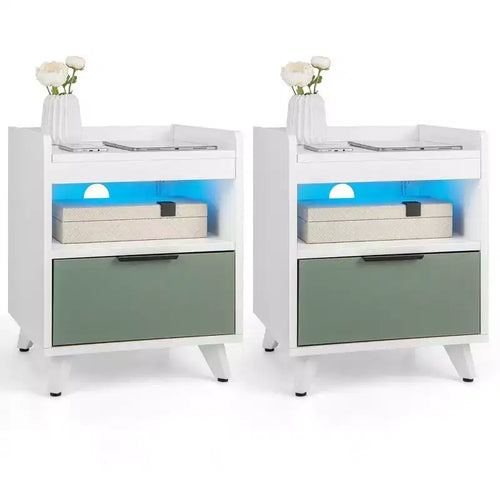 Costway 2PCS Nightstand Modern Beside End Table w/ LED Lights Open Compartment & Drawer