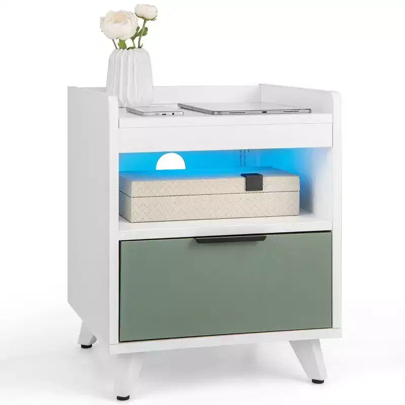 Table de chevet moderne 2 pièces avec lumières LED, compartiment ouvert et tiroir