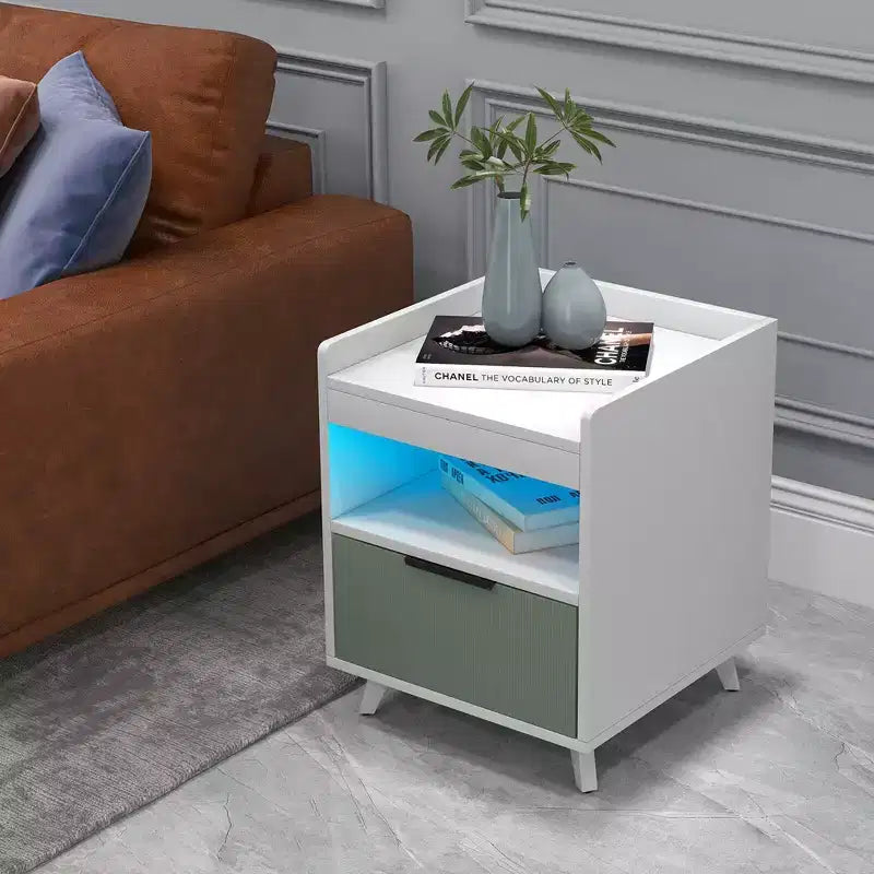 Table de chevet moderne 2 pièces avec lumières LED, compartiment ouvert et tiroir