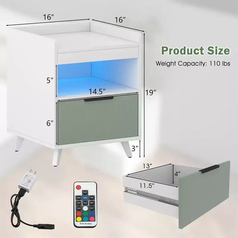 Table de chevet moderne 2 pièces avec lumières LED, compartiment ouvert et tiroir