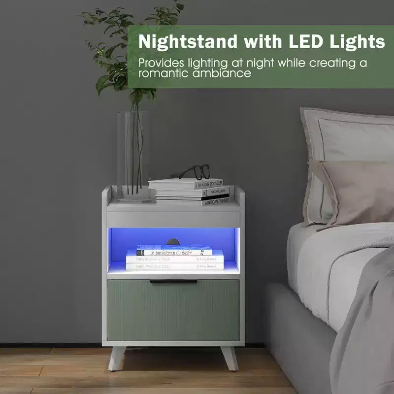 Table de chevet moderne 2 pièces avec lumières LED, compartiment ouvert et tiroir