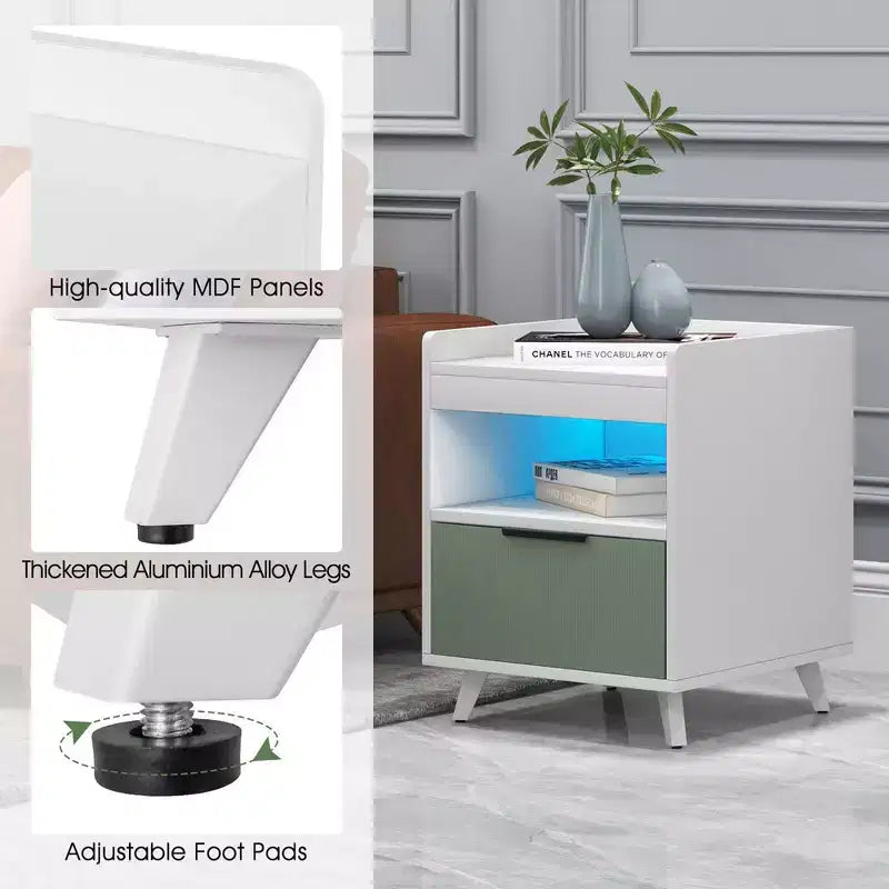 Table de chevet moderne 2 pièces avec lumières LED, compartiment ouvert et tiroir