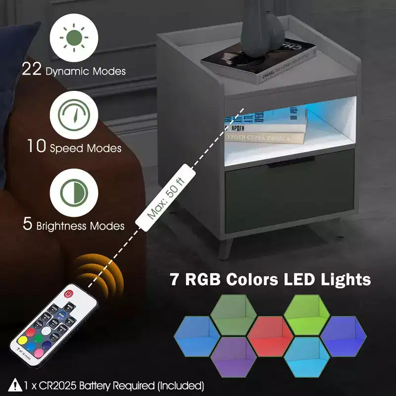 Table de chevet moderne 2 pièces avec lumières LED, compartiment ouvert et tiroir