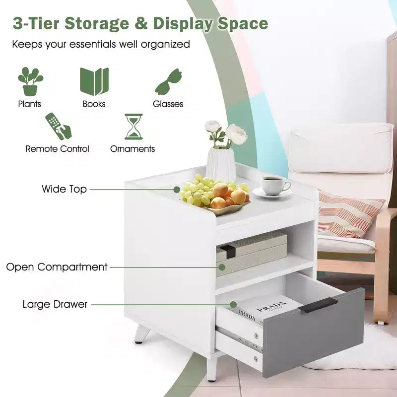 Table de chevet moderne 2 pièces avec lumières LED, compartiment ouvert et tiroir