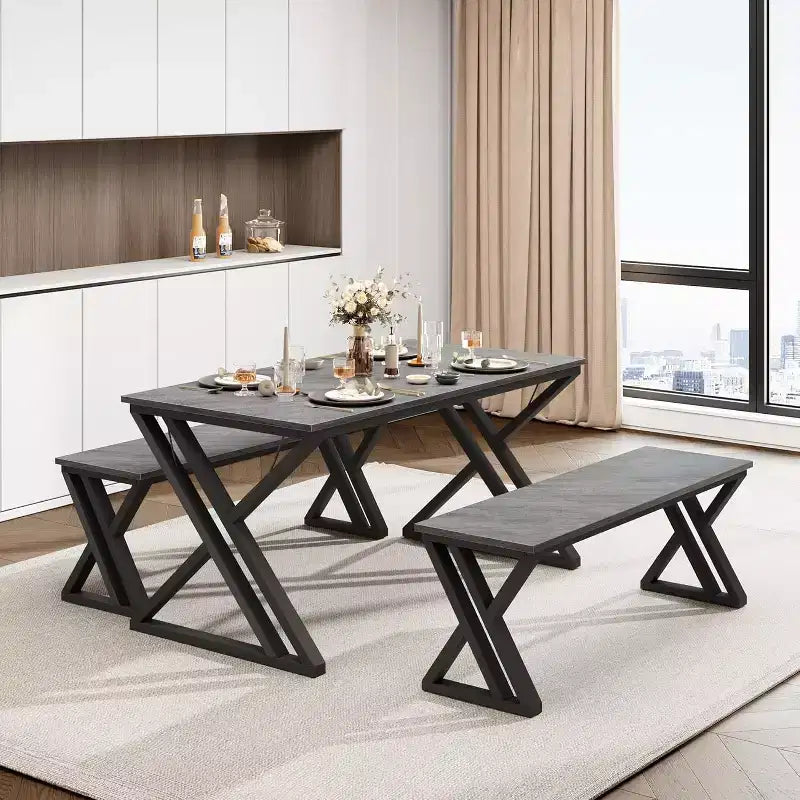 Ensemble table de salle à manger pour 4 personnes avec 2 bancs, table de cuisine rectangulaire, cadre métallique robuste, peu encombrant pour salle à manger, cuisine, appartement