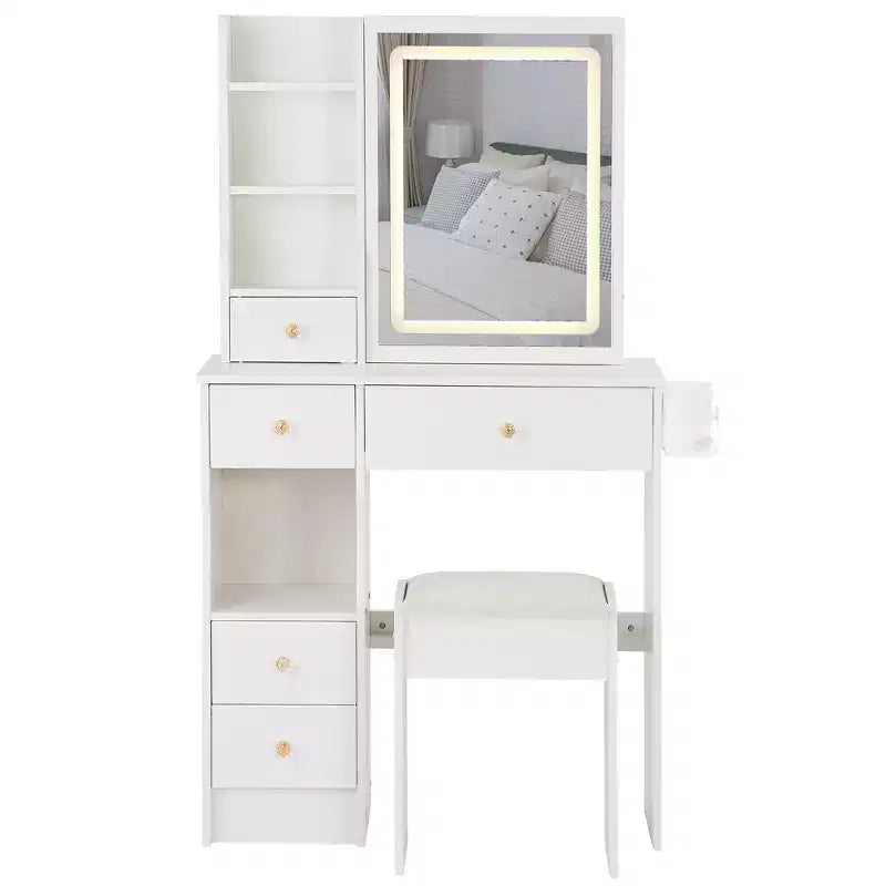 Coiffeuse avec miroir et lumières, Petite table de maquillage avec tiroirs et armoire, Coiffeuse avec tabouret et prise de courant pour chambre à coucher
