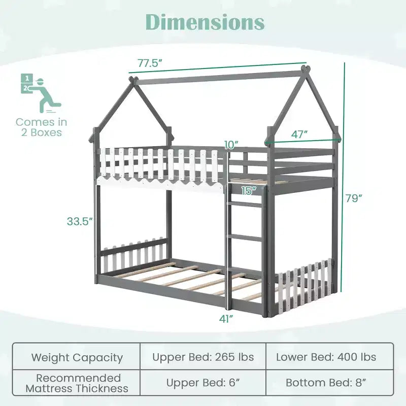 Lit superposé jumeau sur jumeau avec clôture et échelle, lit superposé au sol en bois massif pour enfants, gris