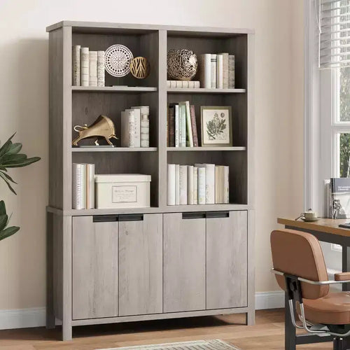 70.7 Farmhouse Bookshelf with Doors, Adjustable Shelf, 5-Tier Double Wide Wooden Bookcase and Cabinet for living Room, Office, or Library
