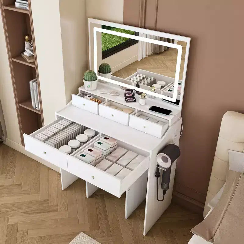 Coiffeuse avec grand miroir réglable à 3 couleurs, coiffeuse avec prise électrique et support pour sèche-cheveux, coiffeuse compacte pour chambre