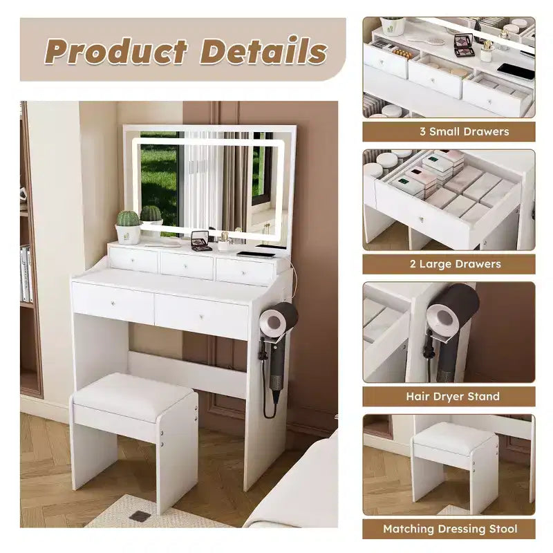 Coiffeuse avec grand miroir réglable à 3 couleurs, coiffeuse avec prise électrique et support pour sèche-cheveux, coiffeuse compacte pour chambre