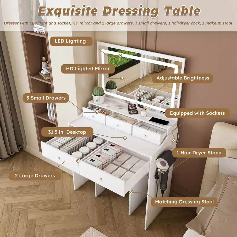 Coiffeuse avec grand miroir réglable à 3 couleurs, coiffeuse avec prise électrique et support pour sèche-cheveux, coiffeuse compacte pour chambre