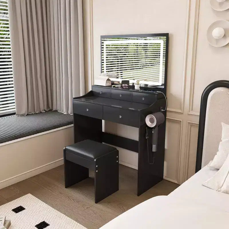 Coiffeuse avec grand miroir réglable à 3 couleurs, coiffeuse avec prise électrique et support pour sèche-cheveux, coiffeuse compacte pour chambre