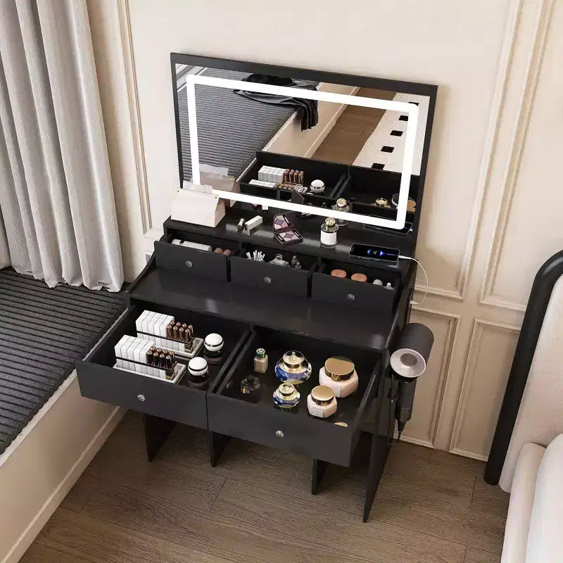 Coiffeuse avec grand miroir réglable à 3 couleurs, coiffeuse avec prise électrique et support pour sèche-cheveux, coiffeuse compacte pour chambre