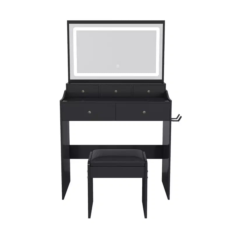 Coiffeuse avec grand miroir réglable à 3 couleurs, coiffeuse avec prise électrique et support pour sèche-cheveux, coiffeuse compacte pour chambre