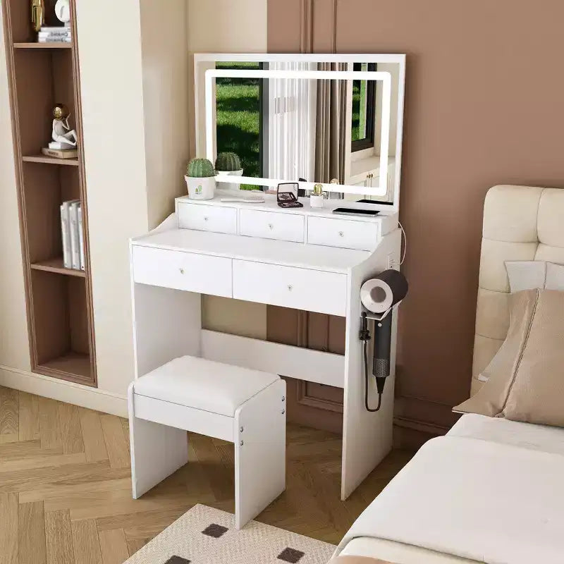 Coiffeuse avec grand miroir réglable à 3 couleurs, coiffeuse avec prise électrique et support pour sèche-cheveux, coiffeuse compacte pour chambre