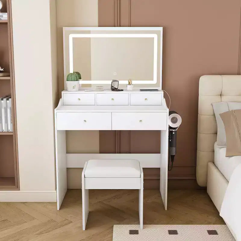 Coiffeuse avec grand miroir réglable à 3 couleurs, coiffeuse avec prise électrique et support pour sèche-cheveux, coiffeuse compacte pour chambre